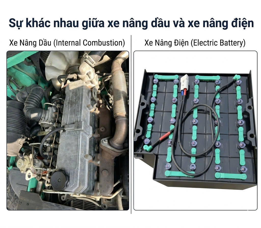 Xe nâng điện và xe nâng dầu khác nhau gì