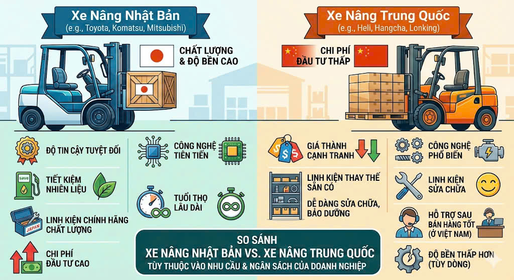 Xe nâng Nhật và Trung Quốc khác nhau gì
